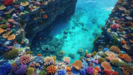 Naklejka premium Explore a vibrant coral reef ecosystem teeming with colorful marine life in crystal clear turquoise waters for underwater adventure inspiration