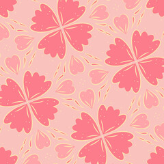 Seamless Floral Pattern with Coral Pink Petals and Heart Motifs on Soft Peach Background – Romantic Botanical Design for Textile, Stationery, and Valentine Decor