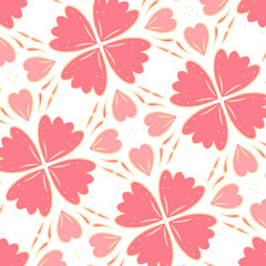Seamless Floral Pattern with Stylized Pink Heart-Shaped Petals and Teardrop Accents on White Background – Whimsical Romantic Design for Textile, Stationery, and Valentine-Themed Decor