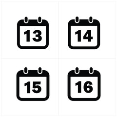 Four simple black and white calendar icons showing the numbers thirteen fourteen fifteen and sixteen