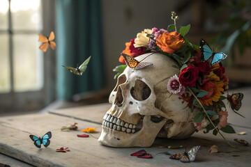 A human skull with blooming flowers and colorful butterfly in wooden table , vector art, illustration art 