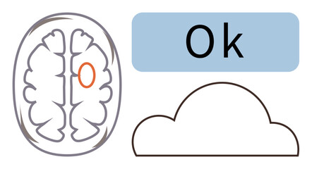 Brain diagram highlighting red region, word Ok in blue rectangle, simple cloud outline. Ideal for neuroscience, cognition, mental health, memory, learning psychology thought. Simple flat metaphor
