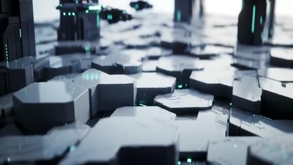 Futuristic Sci-Fi Hexagonal Grid Landscape with Glowing Green Lights and Drones - Powered by Adobe