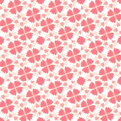 Romantic Pink Floral Seamless Pattern with Heart-Shaped Petals and Leaves on White Background – Whimsical Botanical Design for Textile, Stationery, and Spring-Themed Decor