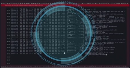 Startup initiating shield emblem forming, HUD rings spinning and Nmap scanning showing network info - Powered by Adobe