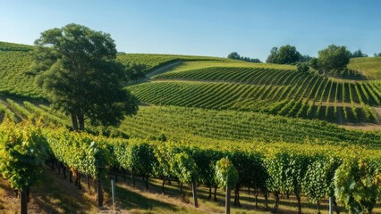 Fototapeta premium Stunning vineyard landscape with rolling hills and vibrant green vines, perfect for wine tourism brochures or advertisements promoting sustainable agriculture