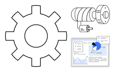 Gear, motor schematic, and analytics dashboard highlighting innovation, engineering, data analysis, and efficiency. Ideal for technology, mechanics, business solutions and a simple landing page