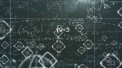 As digital board loading, 5G or 6G icons sliding and formulas drawing, sphere forming and showing ma - Powered by Adobe