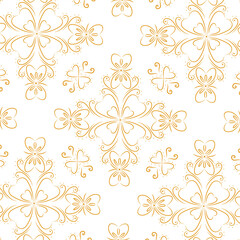 Elegant Golden Floral Swirl Seamless Pattern with Heart-Shaped Petals and Ornamental Leaves – Vintage Decorative Background for Textile, Wallpaper, and Surface Design