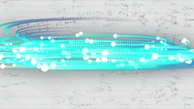 Turquoise streak appearing on math notebook page growing into swirling light band showing data flow