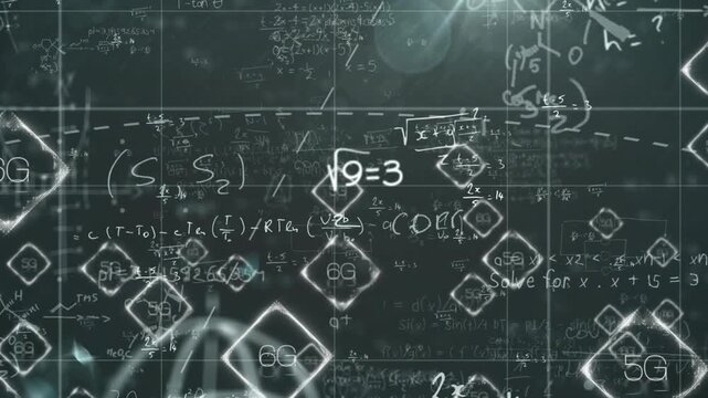 As digital board loading, 5G or 6G icons sliding and formulas drawing, sphere forming and showing ma