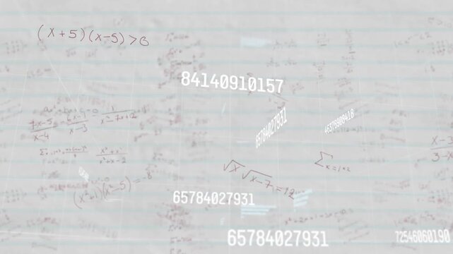 Camera fixing on paper while luminescent numbers floating, bars underlining, visualizing math