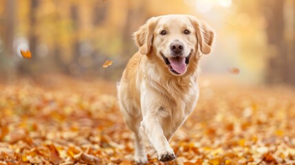 Elegant golden retriever joyfully running through a leaf-strewn forest in autumn season