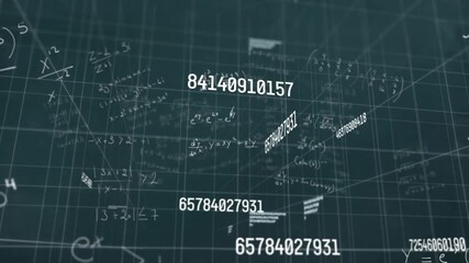 Sliding numeric strings initiating rotating dark grid while purple axis sweeping data for math demo - Powered by Adobe