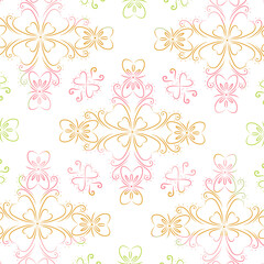 Seamless Pastel Floral and Butterfly Pattern with Elegant Symmetrical Motifs on Soft Beige Background – Perfect for Textile, Wallpaper, Stationery, and Spring-Themed Decorative Projects