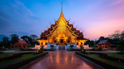 Golden temple bathed in soft evening sunlight with intricate architectural details and serenity