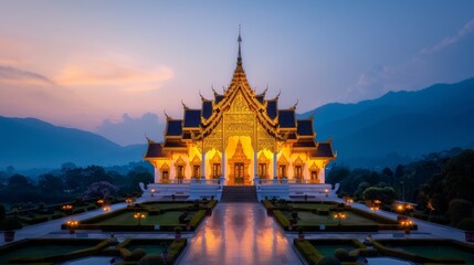 Golden temple bathed in soft evening sunlight with intricate architectural details and serenity