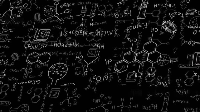 Camera initiating pan revealing chalkboard molecular diagrams and physics graph highlighting detail