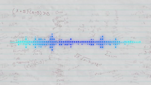 Pixel squares lighting forming waveform on lined paper pulsing to visualize sound then fading