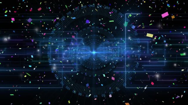 Bright hub emerging confetti drifting data streams extending gauge rotating while visualizing data
