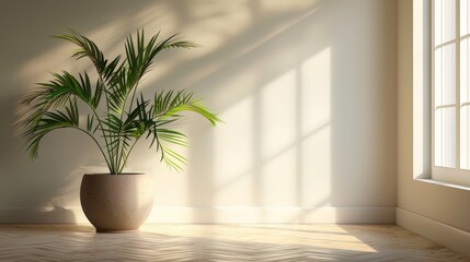 Hyper-realistic minimalist living room featuring soft natural light and a stylish indoor plant