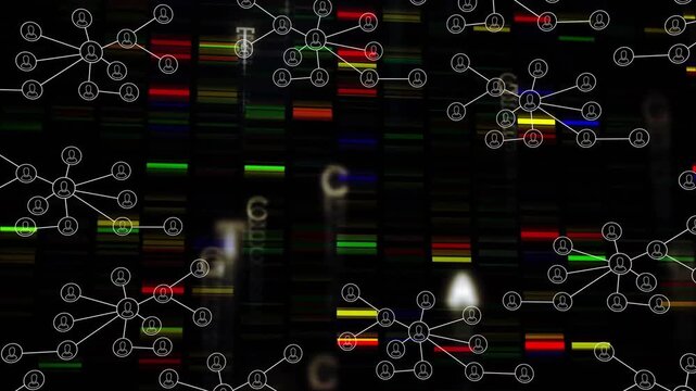 Opening frame showing colored bars and nodes emerging sliding pulsing visualizing genetic code
