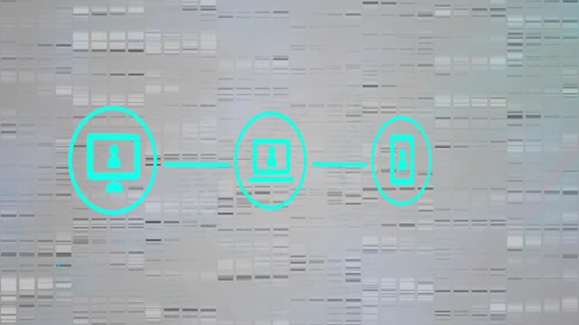 On starting, teal icons fading, linking, pulsing, dissolving over glitch, visualizing network