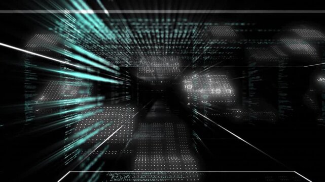 Camera detecting tunnel entry making slow advance in scrolling grid panels to highlight data flow