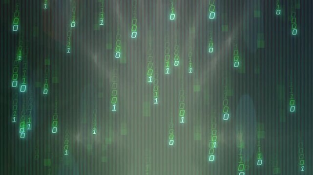 Binary code streams falling from top on backdrop, cascading into denser rain visualizing data flow