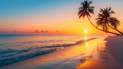 Majestic golden sunrise over tranquil sea waves with silhouetted palm trees framing the horizon