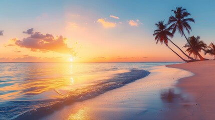 Majestic golden sunrise over tranquil sea waves with silhouetted palm trees framing the horizon