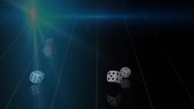 Blurred hand entering frame from left releasing three dice bouncing on grid to show random roll