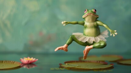 Whimsical frog in a tutu dancing gracefully in an impressionistic ballet scene filled with color