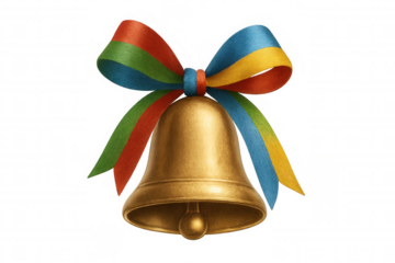 Golden school bell featuring a vibrant multi-colored bow, symbolizing graduation, back to school, and celebration. Transparent background