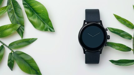 Stylish smartwatch placed among vibrant green plant leaves on a clean white surface for photography