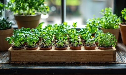 Small potted herbs arranged in a wooden planter box on a windowsill