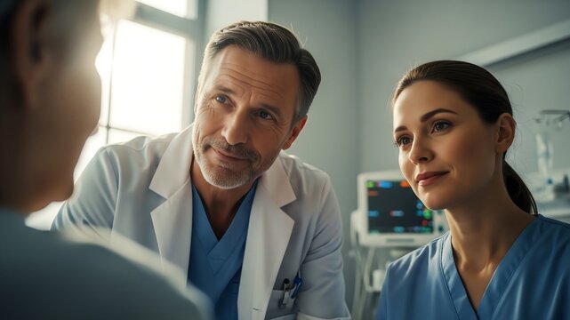 Compassionate Care Team: A doctor and nurse consult with a patient in a modern hospital room, displaying a caring and attentive demeanor.