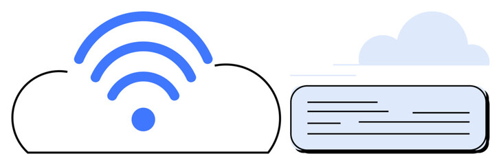 Cloud with wireless signal, data transfer lines, and cloud storage icon. Ideal for technology, internet, connectivity, communication, data storage network digital systems. Modern simple flat
