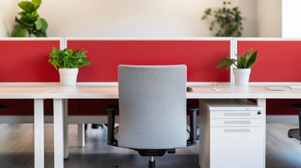 Modern flexible workspace featuring a stylish desk with a comfortable chair and decorative plant