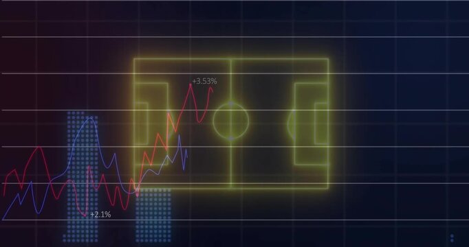 Neon yellow lines appearing forming pitch outline, graphs and bars rising to represent stats