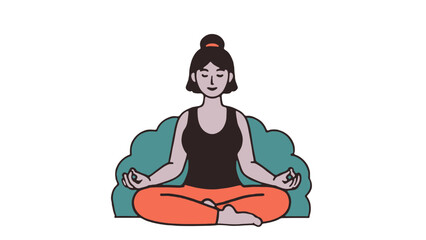Woman meditating in a peaceful pose, surrounded by teal foliage.