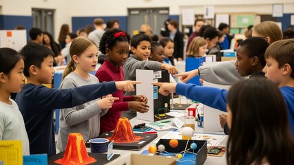 Science Fair Excitement: A diverse group of elementary school students passionately present and discuss their science projects during a school-wide science fair.