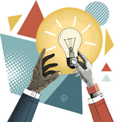 Modern halftone collage illustration of two hands holding a glowing lightbulb, symbolizing creativity, brainstorming, and innovative business solutions in contemporary vector art style.