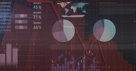 Opening with 3D grid, financial dashboard animating gauges and pie charts displaying live data - Powered by Adobe