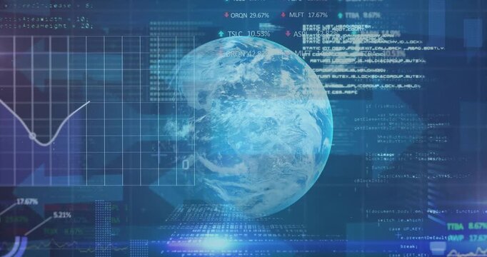 Code sliding in initiating pointer morphing into arrow over rotating 3D globe showing data trends