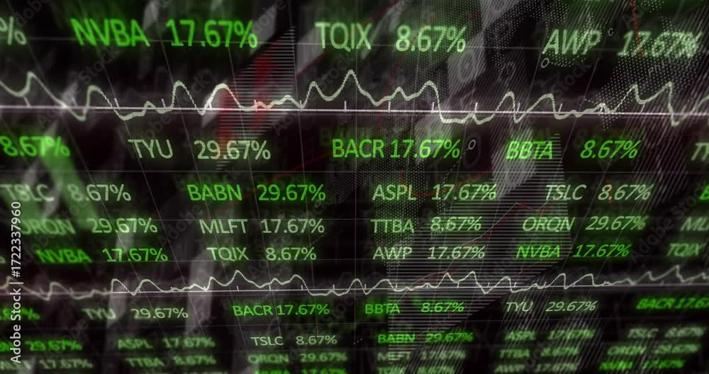 Wall mural opening interface showing tickers climbing and falling with oscillating graph showing market shifts