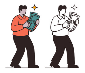 Two illustrations of a person holding stacks of money, one in color and one in black and white.