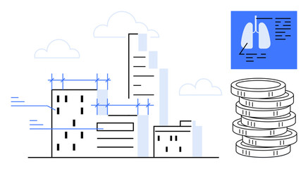 Construction site with developing buildings, lungs diagnostics screen, and stacked coins symbolizing health, economy, and progress. Ideal for urban planning, healthcare, economy, innovation growth