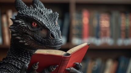 Majestic dragon deeply focused on reading a book in a captivating fantasy scene full of wonder