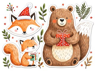 A Cute Watercolor Christmas Sticker Set with Festive Woodland Animals and Gifts